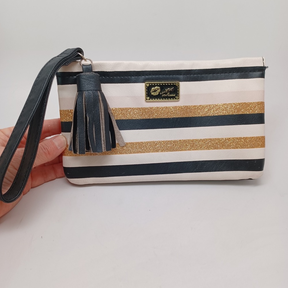 Luv Betsey by Betsey Johnson Striped Glitter Wristlet Pouch Black Gold Cream - Picture 3 of 13